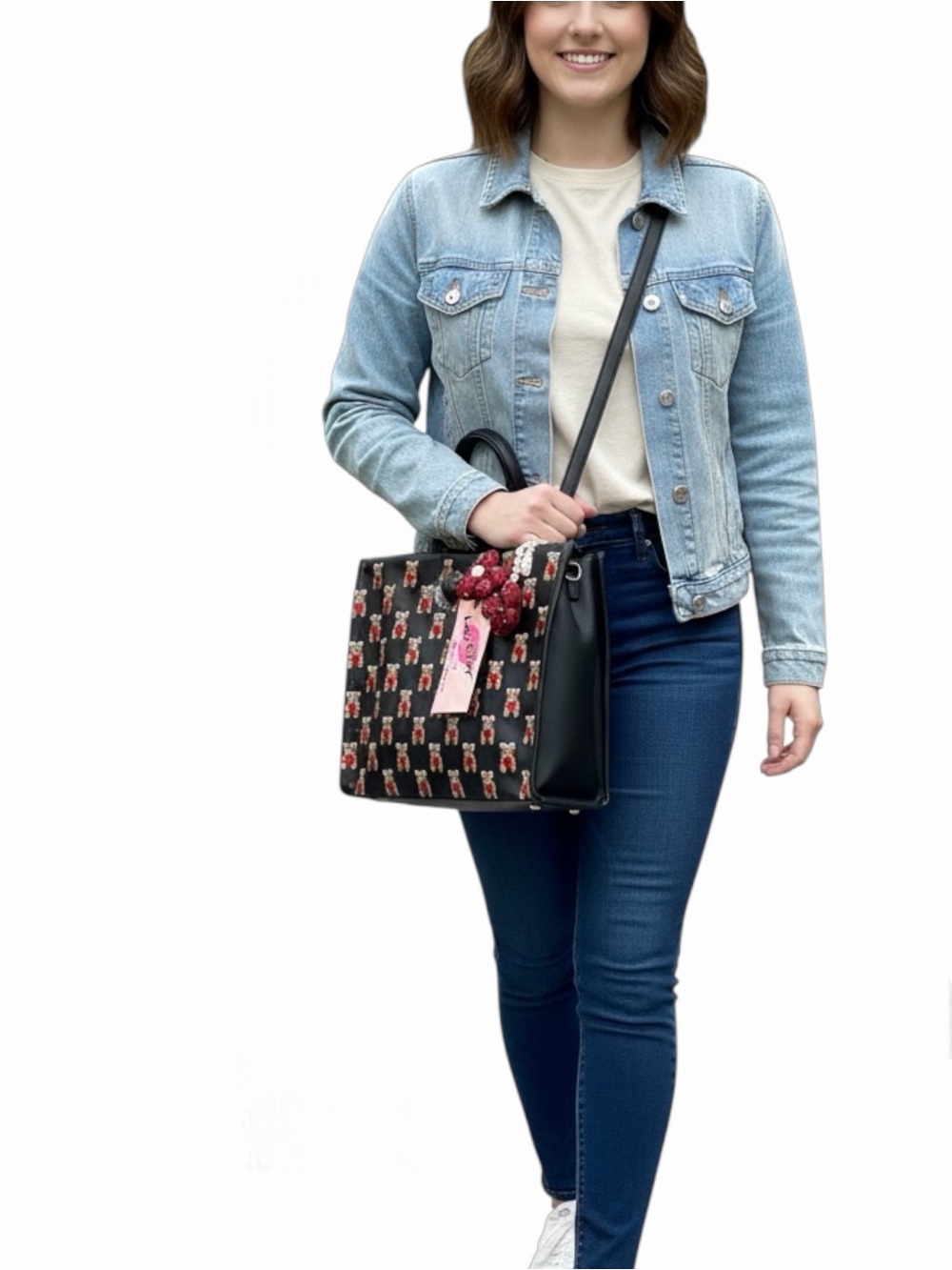 Luv Betsey Johnson Embroidered Teddy Bear Hearts Satchel Crossbody Bag Black Red - Picture 3 of 10